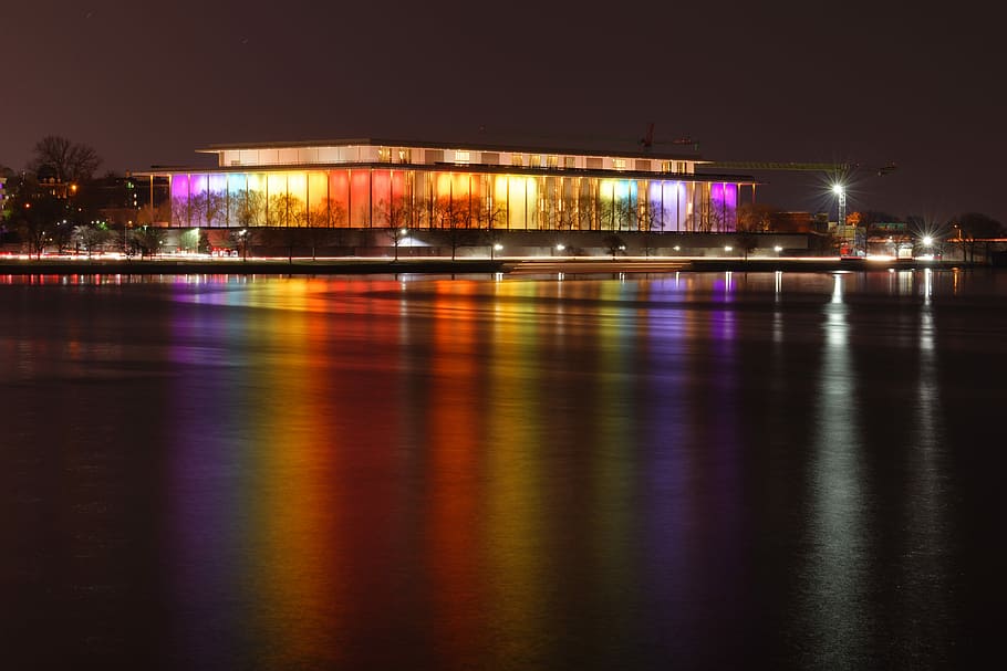 Kennedy Center, lighted glass building during nighttime, dark, HD wallpaper