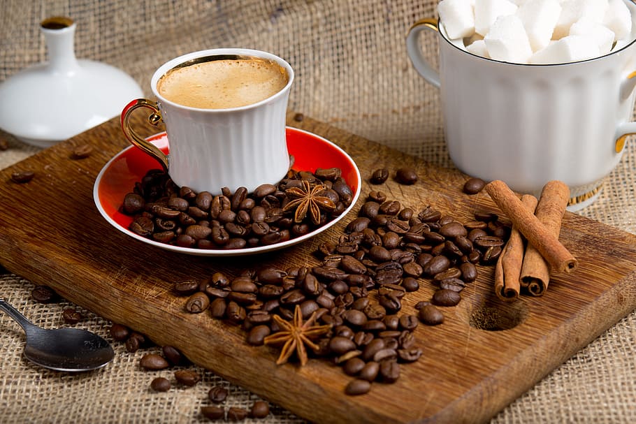 white ceramic coffee cup on saucer beside coffee beans, sugar HD wallpaper