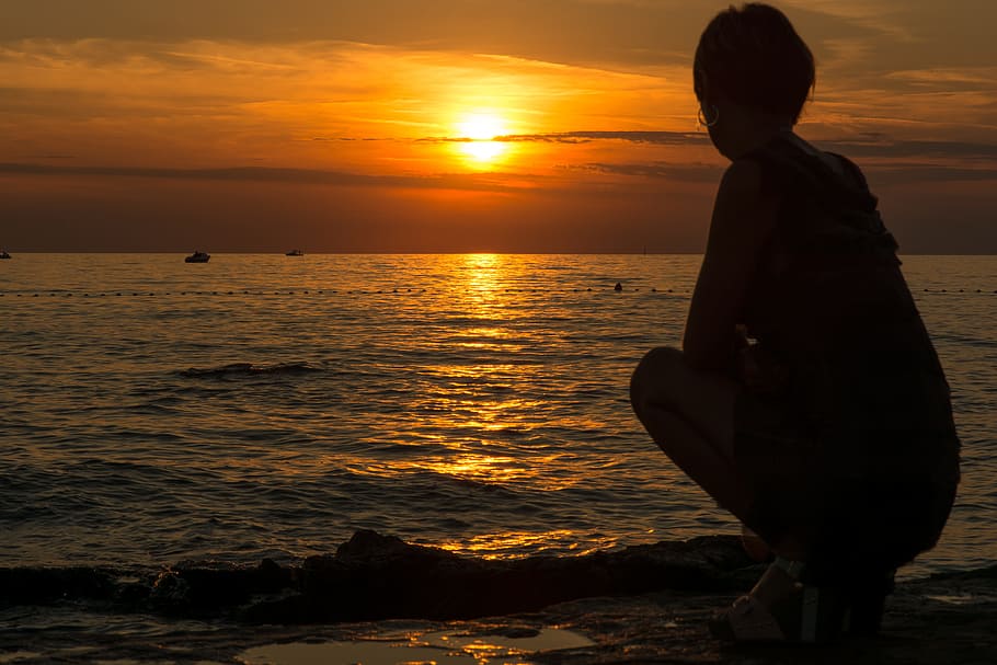 sunset, dusk, waters, silhouette, beach, coast, sea, ocean HD wallpaper
