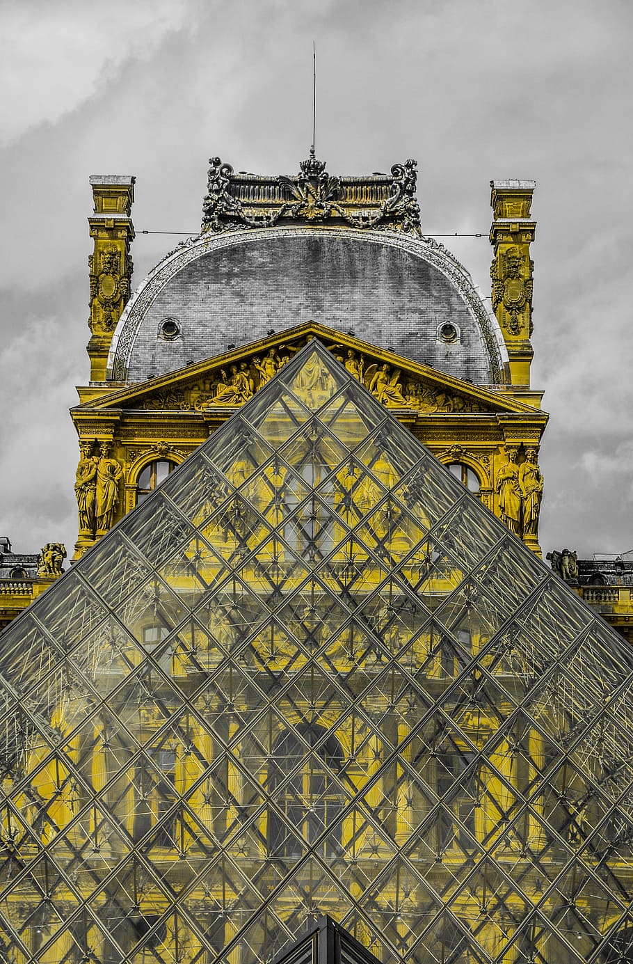 photo of glass triangle-shape building under nimbus cloud, landmark illustration HD wallpaper