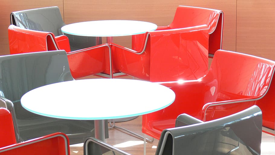 table, chairs, farbenspiel, break, gastronomy, seats, red, grey HD wallpaper