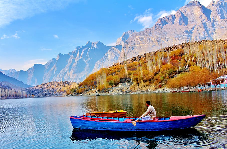 man on boat floating on body of water, Tree, Lake, Pakistan, Nature