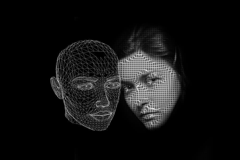 woman face portrait artwork, psychology, psyche, mask, wire rack, HD wallpaper