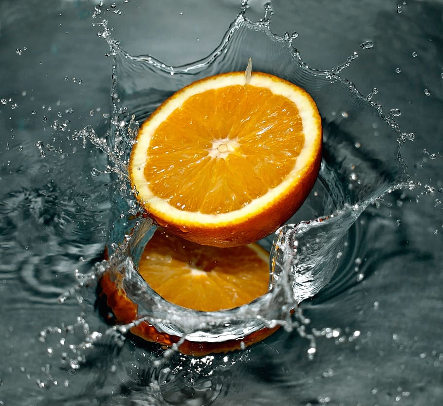sliced orange with dew, falling, water, splash, fresh, fruit HD wallpaper