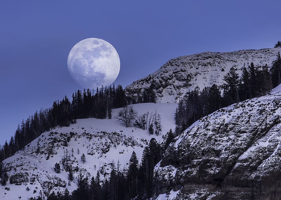landscape photography of snow covered mountain with moon as background, HD wallpaper