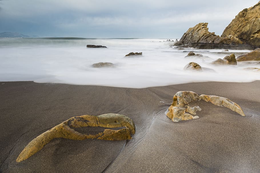 basque country, beach, sand, sea, water, rock, rock - object HD wallpaper