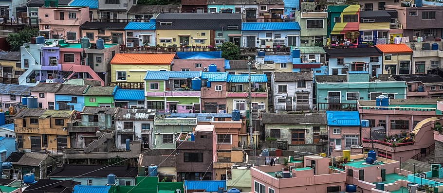 houses with multicolored paint, republic of korea, busan, building, HD wallpaper
