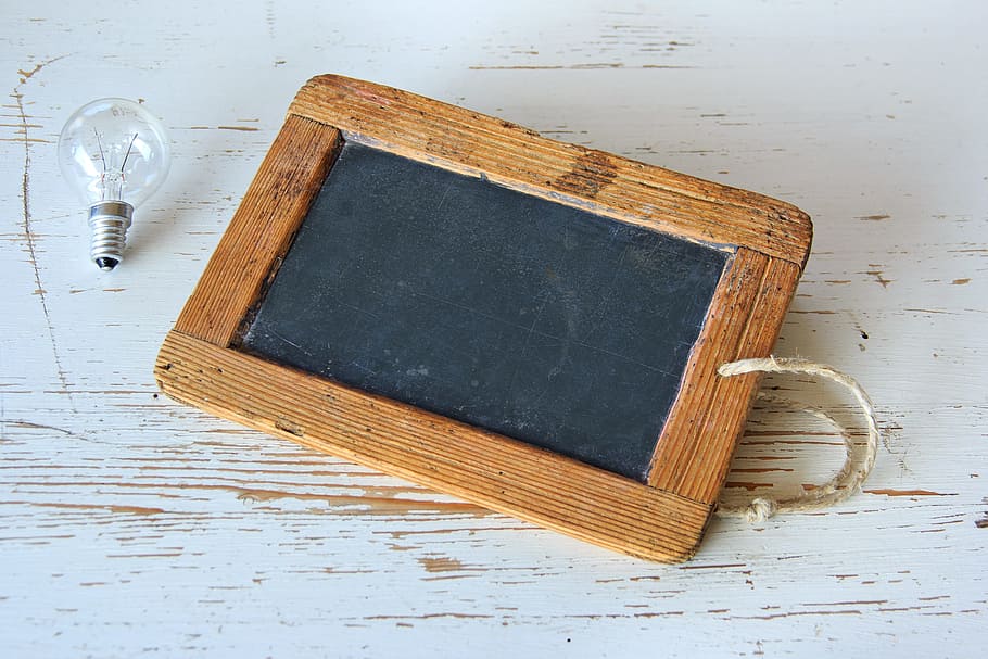 brown wooden photo frame beside bulb, school, old, plate, learning