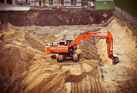 orange and gray KLIEMT excavator, excavators, site, construction work HD wallpaper