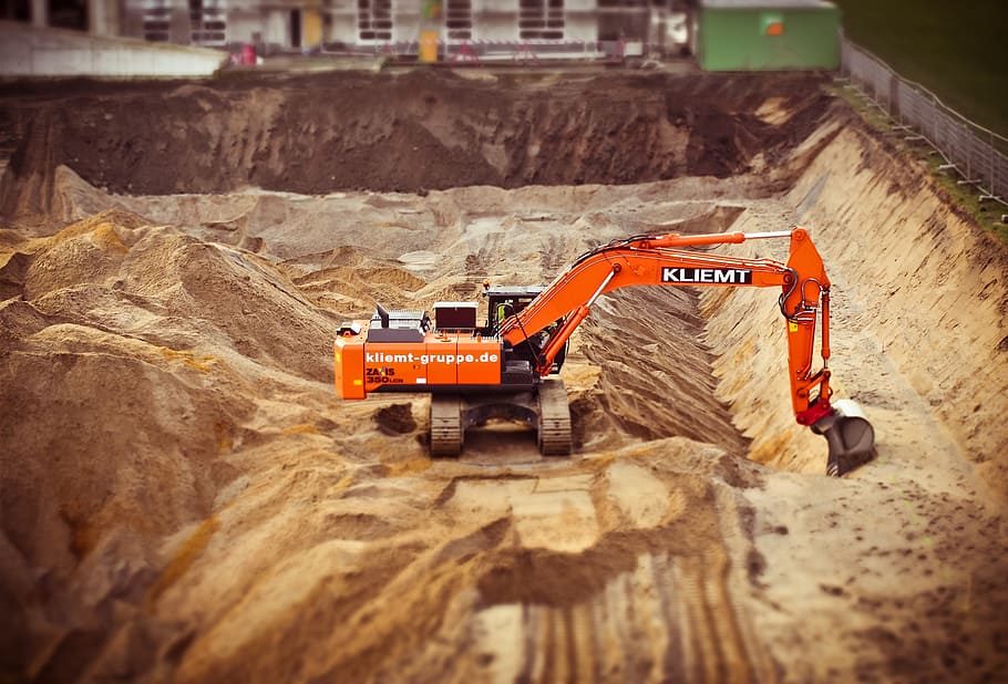 orange and gray KLIEMT excavator, excavators, site, construction work HD wallpaper