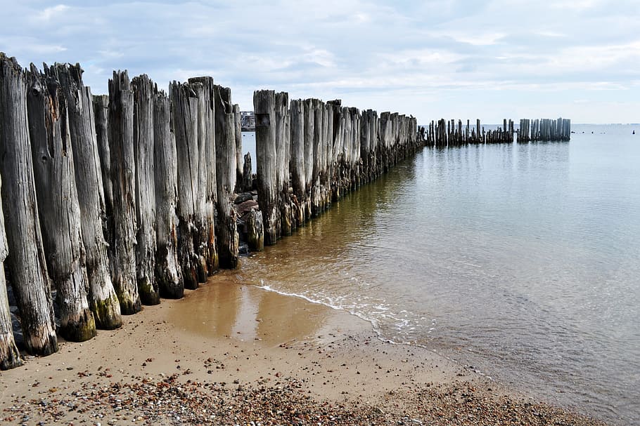 Sea, Clouds, Breakwater, sky, the waves, poles, yellow, board HD wallpaper