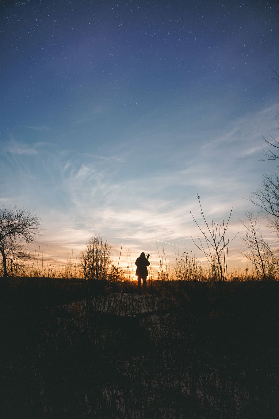 silhouette photography of standing person on grass field, winter HD wallpaper
