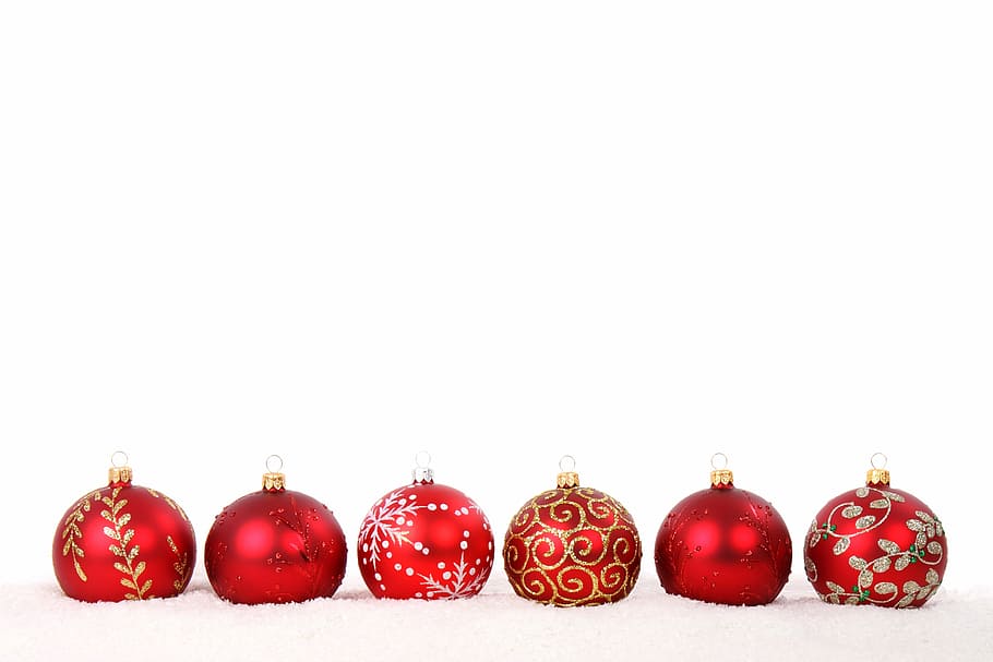 six red Christmas Baubles, background, ball, celebration, decoration