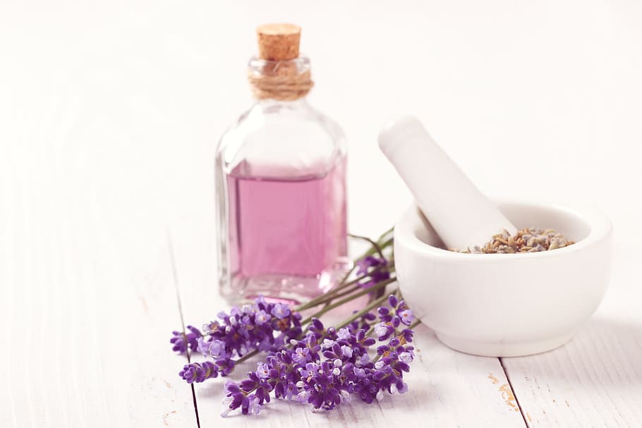 white marble mortar and pestle beside glass bottle, aromatherapy HD wallpaper