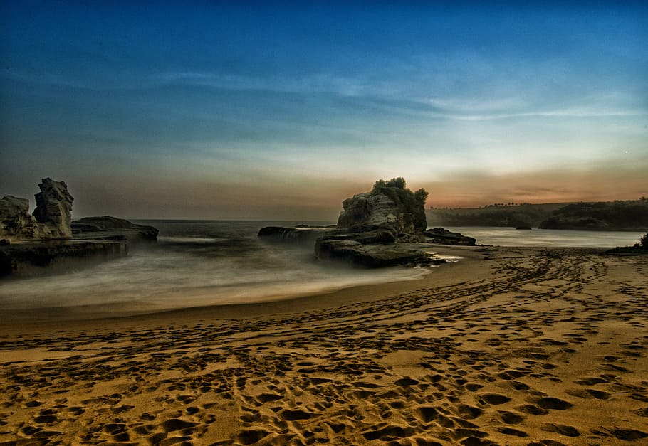 sunset, beach, sand, ocean, travel, landscape, dawn, sea, water HD wallpaper