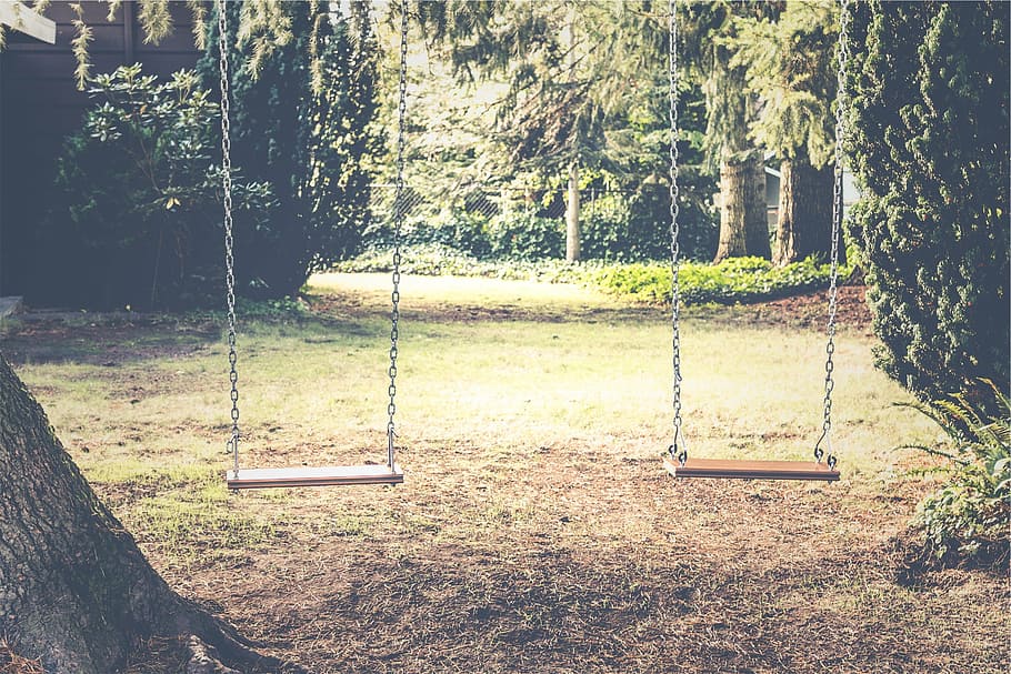 two outdoor swings, empty, brown, wooden, backyard, trees, grass, HD wallpaper