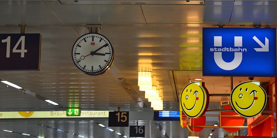 railway station, lighting, clock, advertisement, colorful, düsseldorf HD wallpaper
