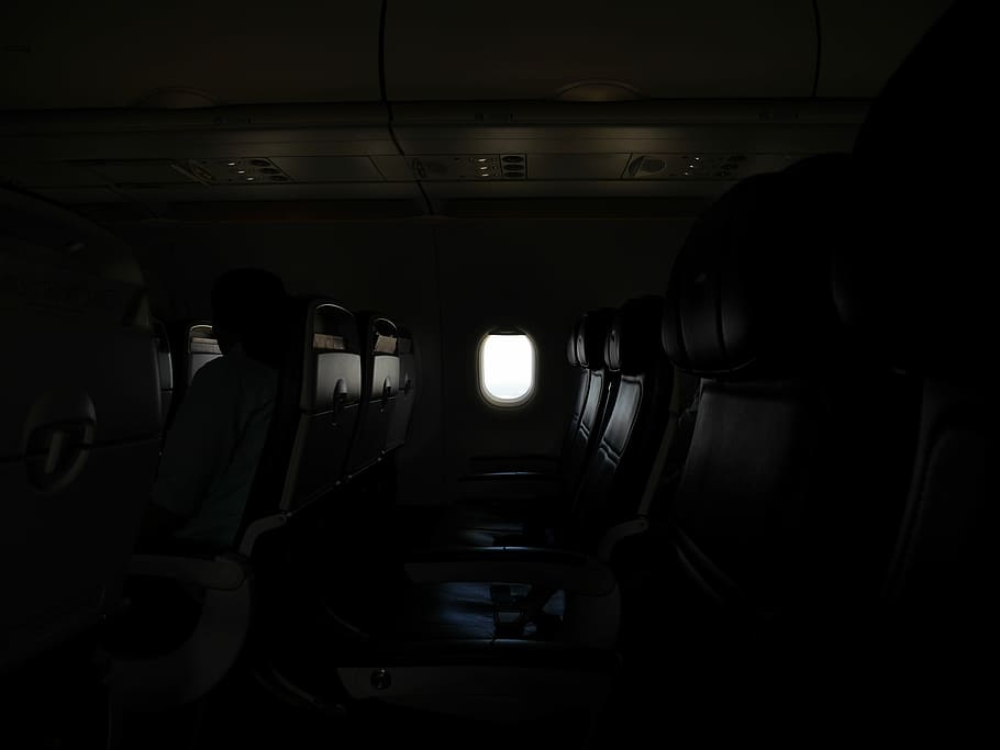 airplane interior, dark, window, light, travel, fligh, sky, mode of transportation HD wallpaper