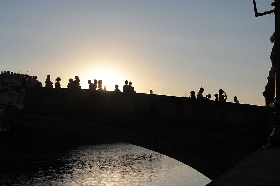 sunset, bridge, shadows, people, silhouette, sky, group of people HD wallpaper