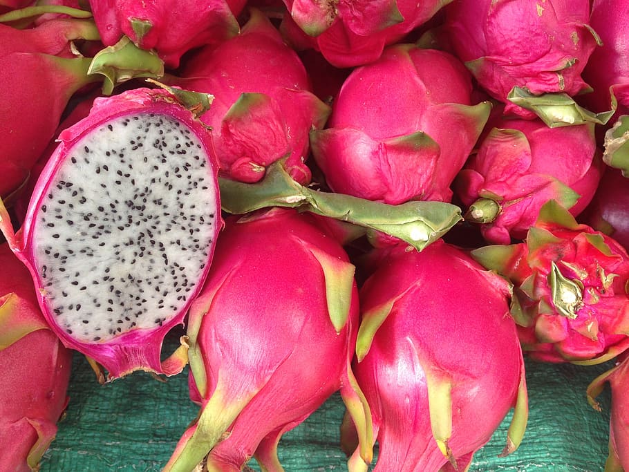bunch of pitaya fruits, dragonfruit, red, vegetables, organic