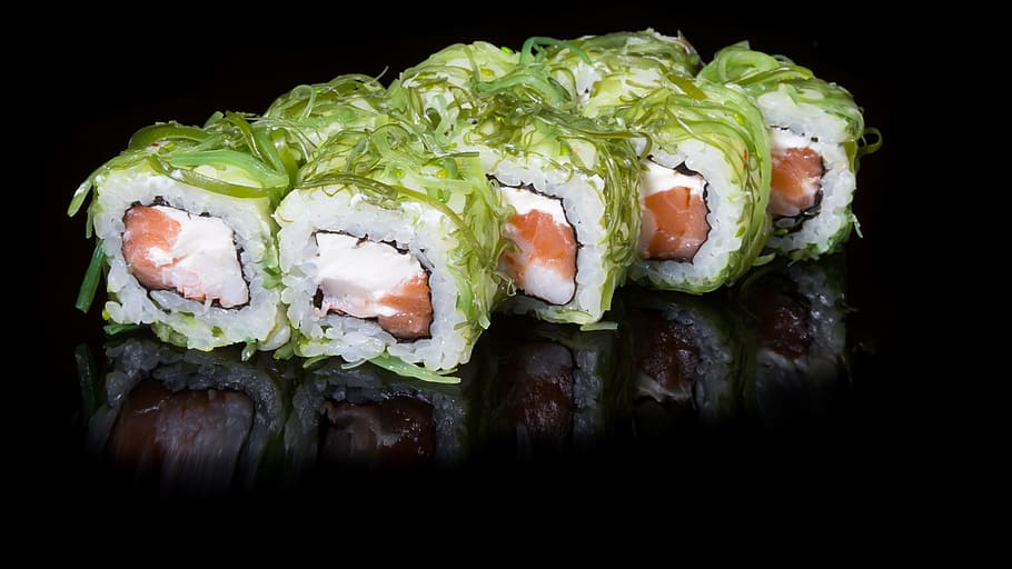 sushi against black background, japanese, chinese, rice, plate, HD wallpaper