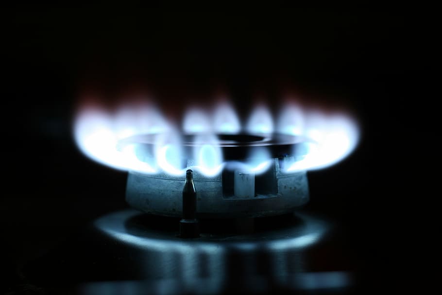 lighted gray stove, gas, burner, photography, shallow, focus