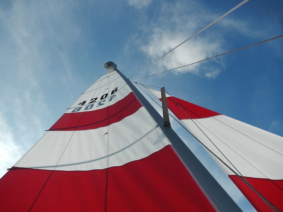 sail, red, marine, wind, ship, sailboat, landscape, coastline HD wallpaper