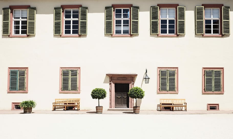 white building with nine windows, white concrete building with green leafed plants on front HD wallpaper