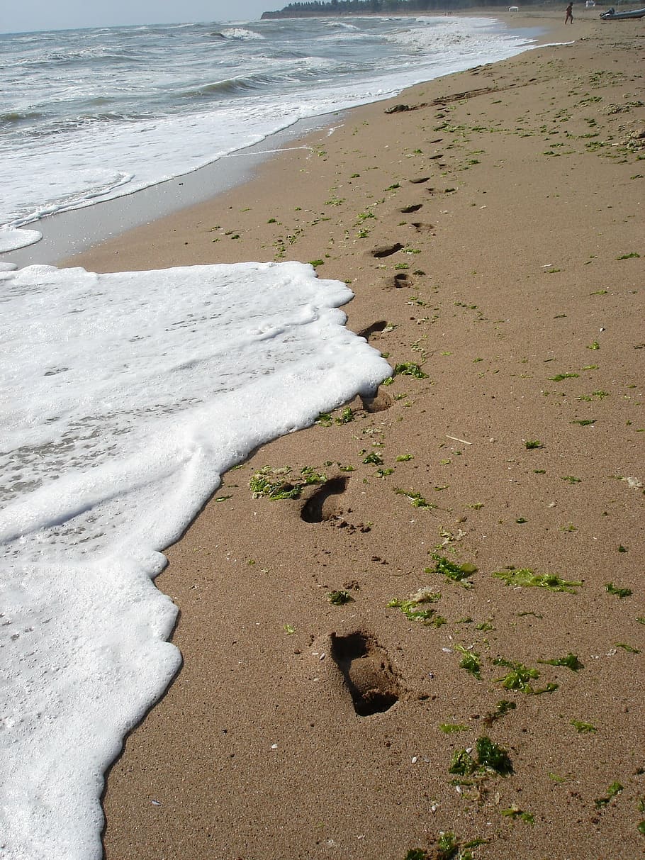 footprints, beach, sand, seaside, water, coast, wave, tracks HD wallpaper