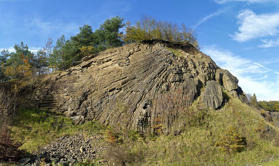 basalt, rock formation, columnar basalt, linden butt, bavaria HD wallpaper