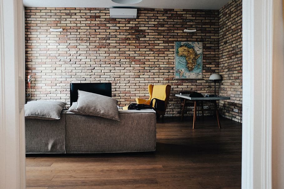 gray fabric sofa near flat screen TV turned-off, house, interior, HD wallpaper