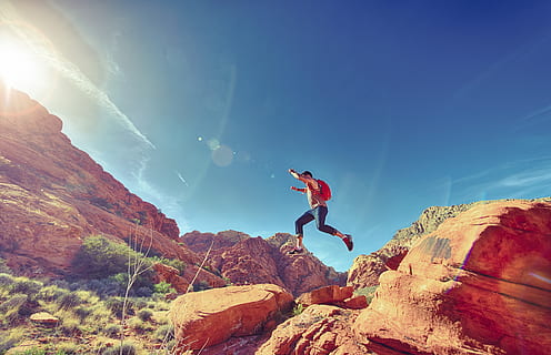 person hiking during daytime, man, jumping, joyful, happy, athletic HD wallpaper