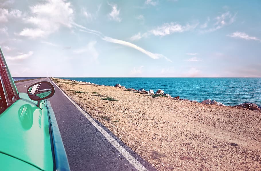 cuba, oldtimer, auto, beach, coast, classic, automotive, road HD wallpaper