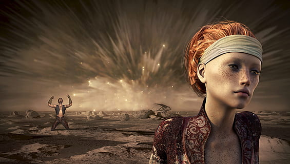 woman wearing headband game poster, fantasy, disaster, destruction HD wallpaper
