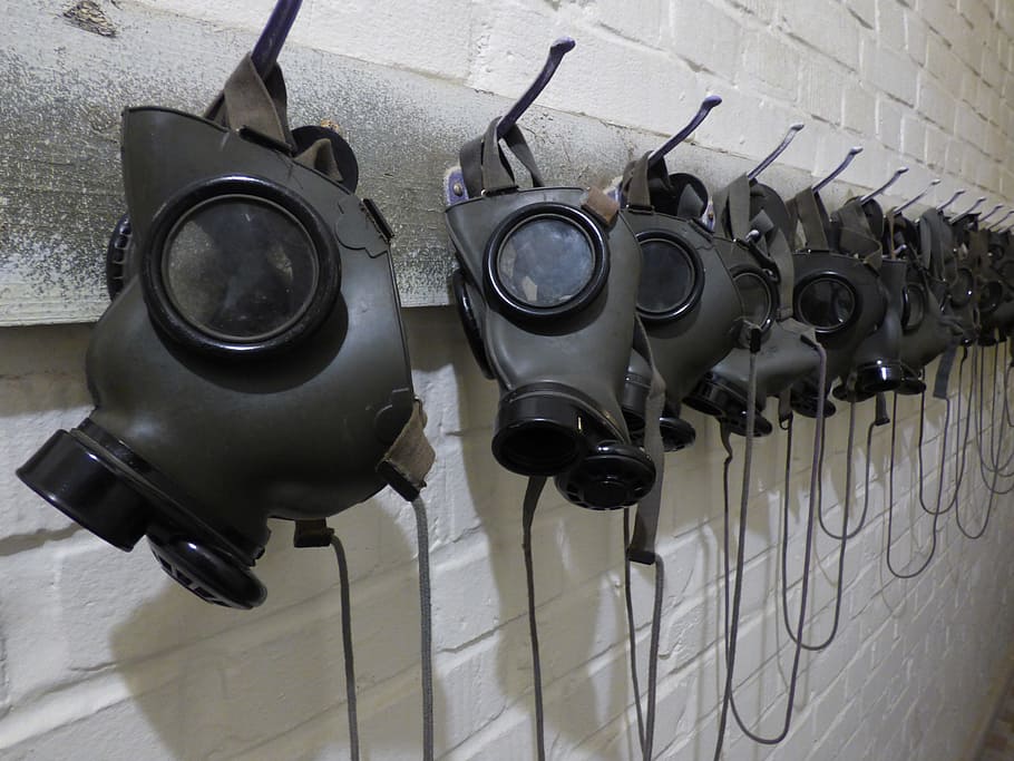 gray gas masks on hooks, filter, the protective, postapokaliptyka