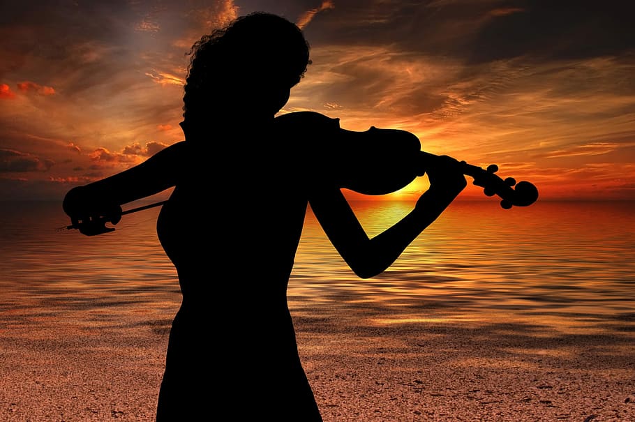 silhouette photography of woman plying piano, violinist violinist, HD wallpaper
