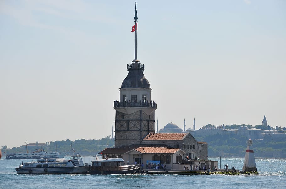 flag, marine, turkey, maiden's tower kiz kulesi, building exterior, HD wallpaper