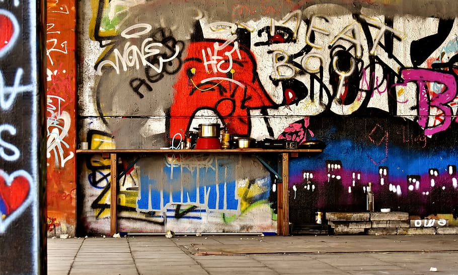 wall with graffiti artwork, the homeless place, cooking space, HD wallpaper