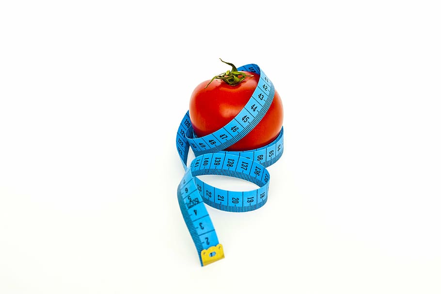 blue tape measure and red tomato, diet, loss, weight, health, HD wallpaper