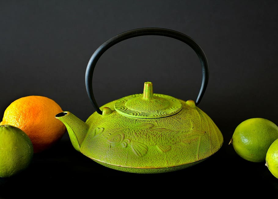 green kettle with lemons, teapot, tee, teeservice, give a, drink HD wallpaper