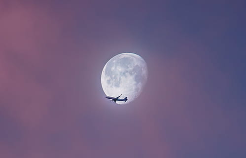 flying plane at sky during full moon at daytime, airplane under moon on sky HD wallpaper