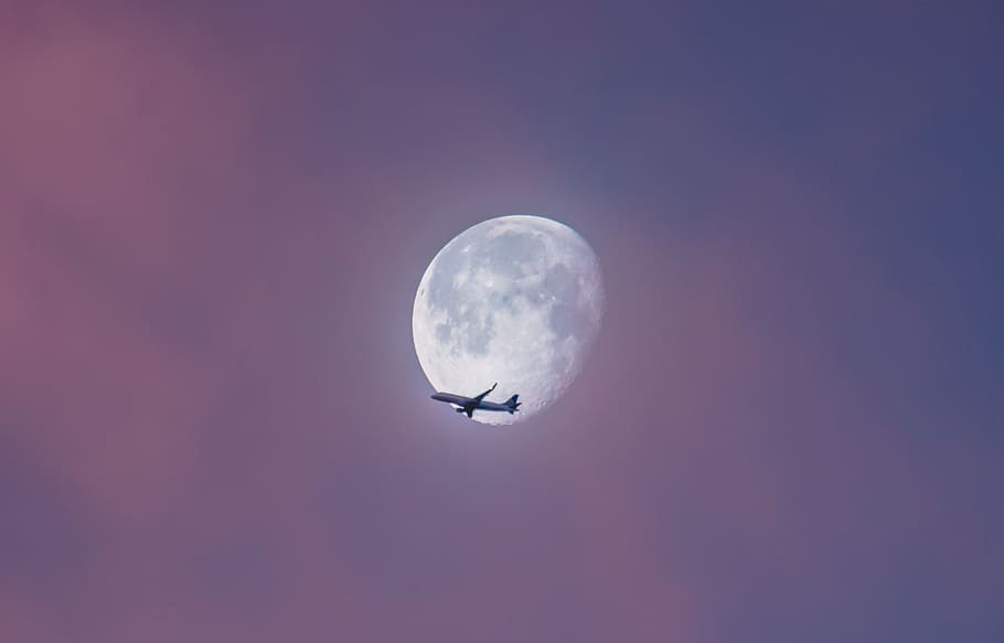 flying plane at sky during full moon at daytime, airplane under moon on sky HD wallpaper