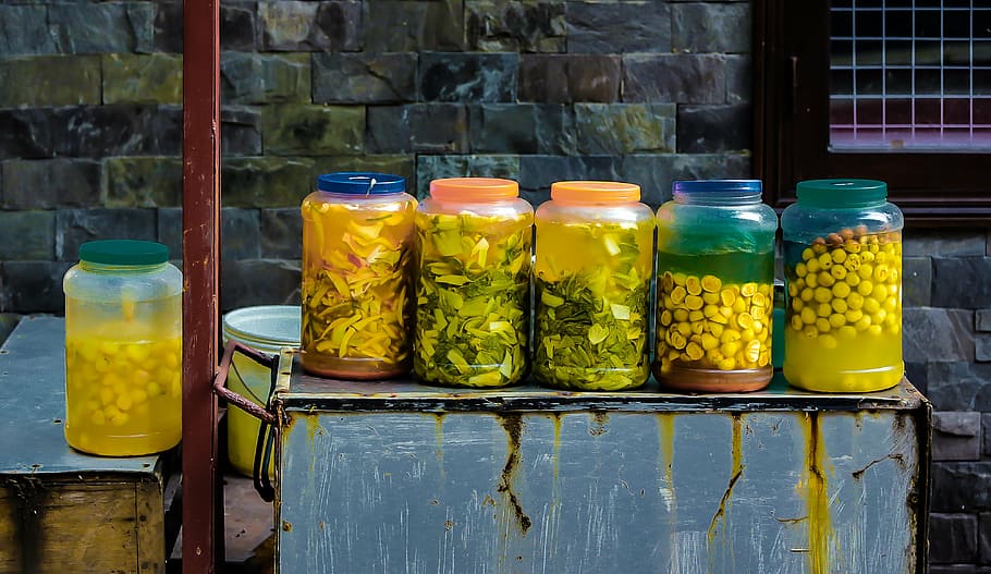 pickle jars, the bottle, table, yellow, hanoi, vietnam, food and drink HD wallpaper