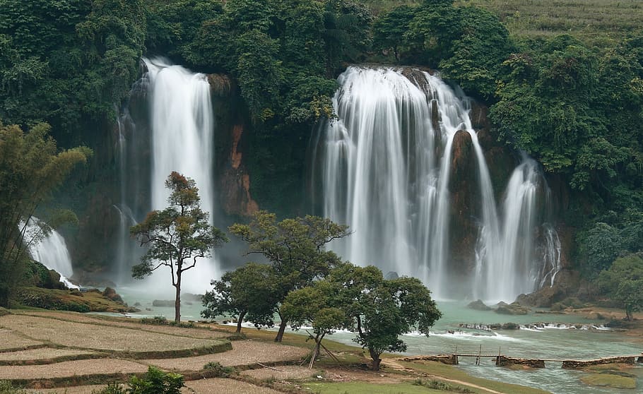 long exposure photography of waterfalls, waterfalls surrounded by trees during daytime HD wallpaper