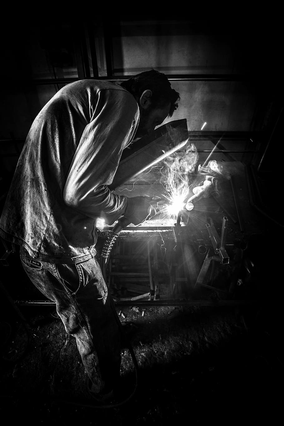 man welding metal grayscale photo, worker, sweat, labor, master HD wallpaper