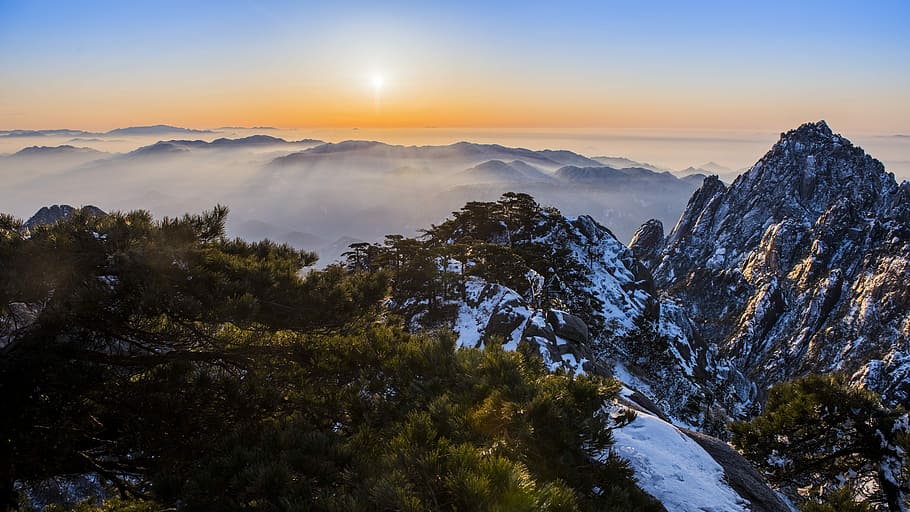 landscape photography of mountain, bird's-eye view of mountain covered with snow HD wallpaper