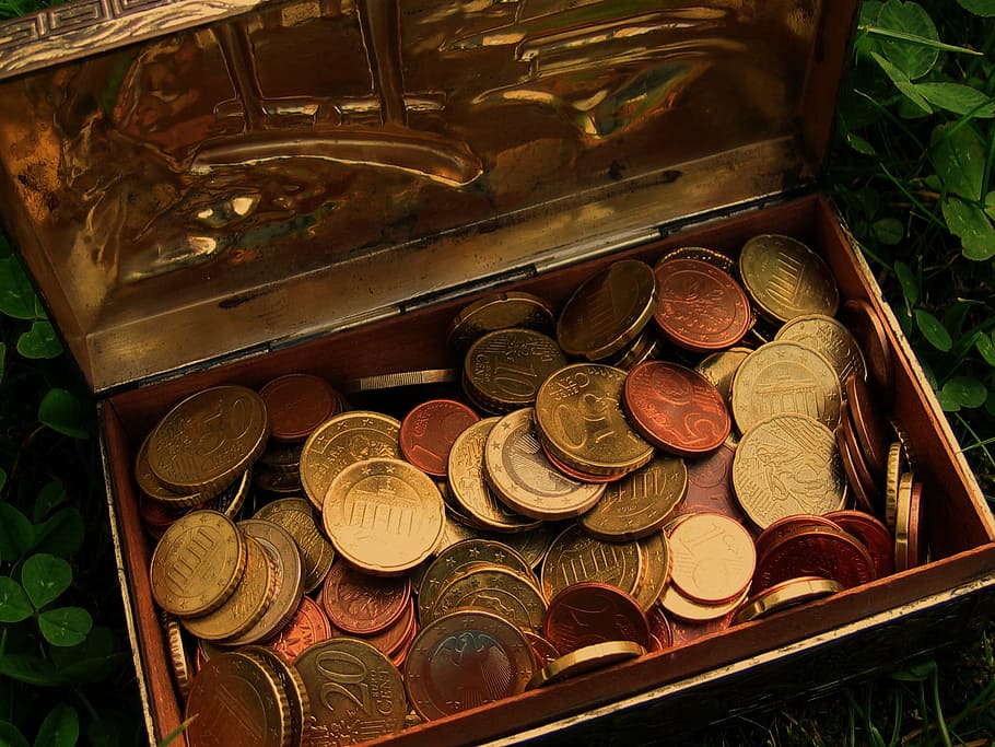 gold-colored coin collection with case, coins, treasure, treasure chest