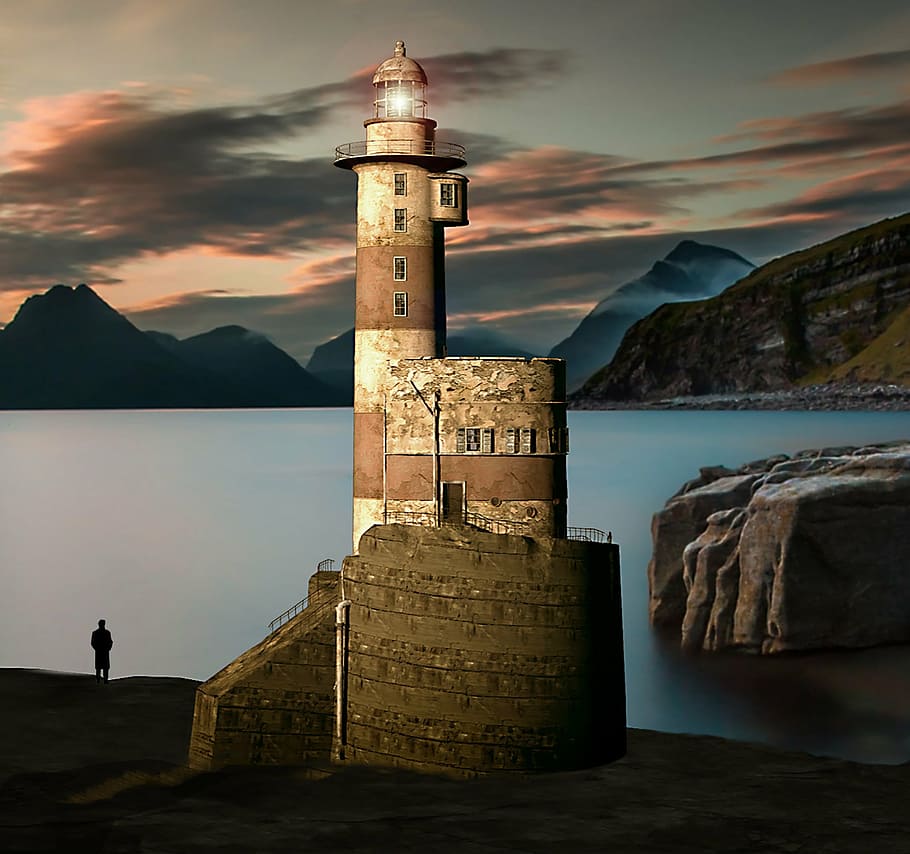 photo of lighthouse near sea, evening, sunset, afterglow, coast HD wallpaper