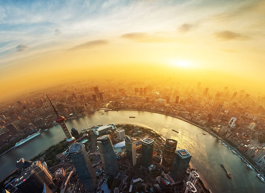 aerial view of city building during sunset, sky, building exterior HD wallpaper