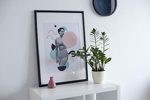 photo frame on table, white ceramic vase on the top of white wooden side table HD wallpaper